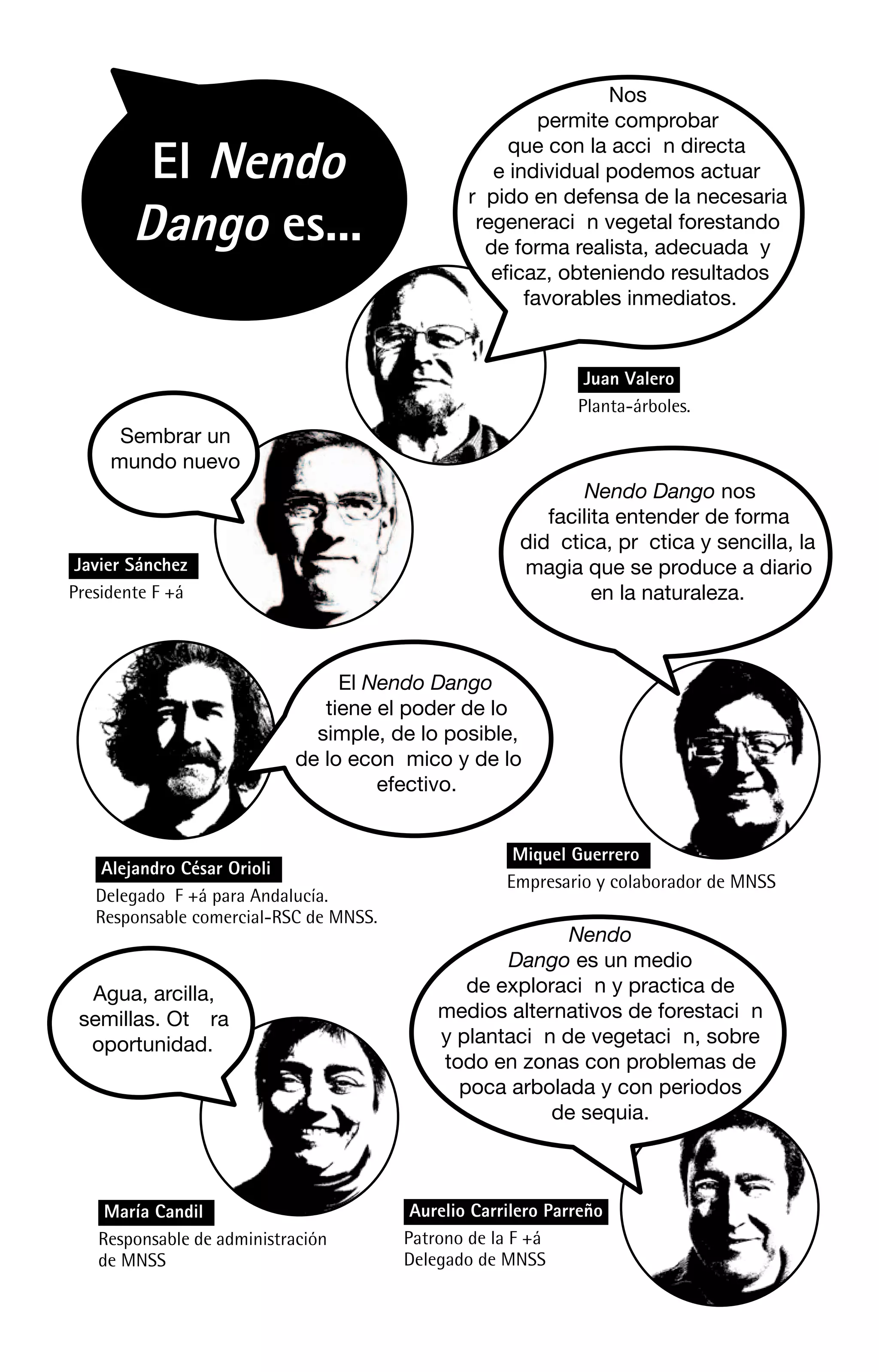 Nos
                                                          permite comprobar

         El Nendo                                     que con la acciÑ n directa
                                                    e individual podemos actuar
                                                rà pido en defensa de la necesaria
        Dango es...                               regeneraciÑ n vegetal forestando
                                                   de forma realista, adecuada y
                                                    eficaz, obteniendo resultados
                                                        favorables inmediatos.


                                                               Juan Valero
                                                              Planta-árboles.
      Sembrar un
     mundo nuevo
                                                               Nendo Dango nos
                                                          facilita entender de forma
                                                       didà ctica, prà ctica y sencilla, la
 Javier Sánchez                                        magia que se produce a diario
Presidente F +á                                                 en la naturaleza.



                                El Nendo Dango
                              tiene el poder de lo
                             simple, de lo posible,
                           de lo econÑ mico y de lo
                                    efectivo.


                                                      Miquel Guerrero
    Alejandro César Orioli
                                                     Empresario y colaborador de MNSS
   Delegado F +á para Andalucía.
   Responsable comercial-RSC de MNSS.
                                                           Nendo
                                                   Dango es un medio
  Agua, arcilla,                               de exploraciÑ n y practica de
 semillasƒ. Ot ra                           medios alternativos de forestaciÑ n
  oportunidad.                              y plantaciÑ n de vegetaciÑ n, sobre
                                            todo en zonas con problemas de
                                              poca arbolada y con periodos
                                                         de sequia.



    María Candil                         Aurelio Carrilero Parreño
   Responsable de administración        Patrono de la F +á
   de MNSS                              Delegado de MNSS
 