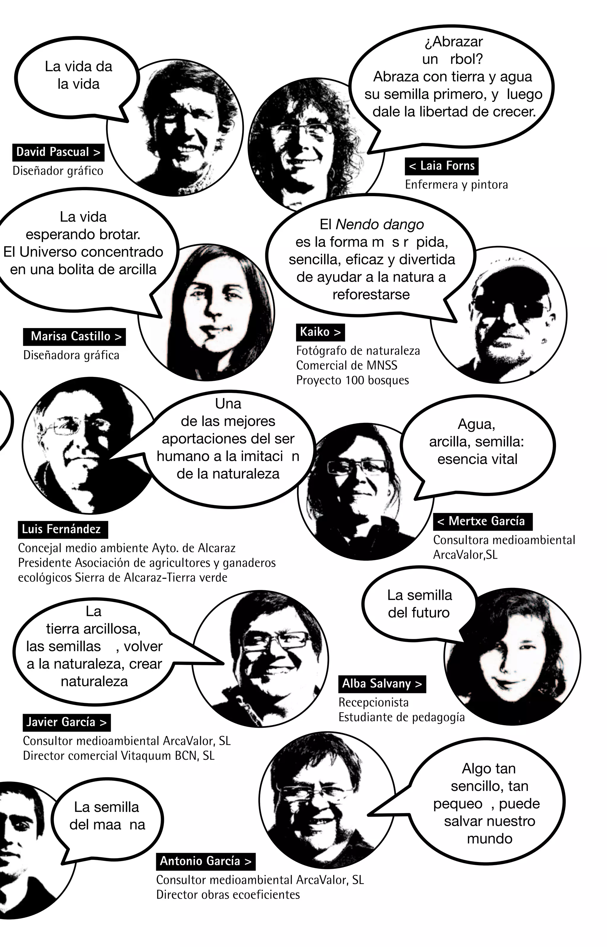 ¿Abrazar
                                                                               un à rbol?
       La vida da
                                                                      Abraza con tierra y agua
         la vida
                                                                     su semilla primero, y luego
                                                                      dale la libertad de crecer.

 David Pascual >
 Diseñador gráfico                                                          < Laia Forns
                                                                           Enfermera y pintora

         La vida
                                                           El Nendo dango
    esperando brotar.
                                                       es la forma mà s rà pida,
El Universo concentrado
                                                      sencilla, eficaz y divertida
 en una bolita de arcilla
                                                       de ayudar a la natura a
                                                              reforestarse

    Marisa Castillo >                                   Kaiko >
   Diseñadora gráfica                                  Fotógrafo de naturaleza
                                                       Comercial de MNSS
                                                       Proyecto 100 bosques
                                     Una
                               de las mejores                                          Agua,
                             aportaciones del ser                                arcilla, semilla:
                            humano a la imitaciÑ n                                esencia vital
                               de la naturaleza


                                                                                  < Mertxe García
   Luis Fernández
                                                                                 Consultora medioambiental
  Concejal medio ambiente Ayto. de Alcaraz
                                                                                 ArcaValor,SL
  Presidente Asociación de agricultores y ganaderos
  ecológicos Sierra de Alcaraz-Tierra verde
                                                                        La semilla
              La                                                        del futuro
       tierra arcillosa,
   las semillasƒ , volver
   a la naturaleza, crear
          naturaleza                                           Alba Salvany >
                                                              Recepcionista
    Javier García >                                           Estudiante de pedagogía
   Consultor medioambiental ArcaValor, SL
   Director comercial Vitaquum BCN, SL
                                                                                     Algo tan
                                                                                   sencillo, tan
            La semilla                                                           pequeÐo , puede
           del maÐa na                                                            salvar nuestro
                                                                                      mundo
                             Antonio García >
                            Consultor medioambiental ArcaValor, SL
                            Director obras ecoeficientes
 