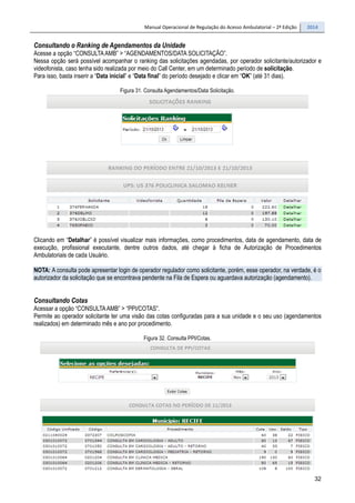 Manual Operacional de Regulação do Acesso Ambulatorial – 2ª Edição 2014
32
Consultando o Ranking de Agendamentos da Unidade
Acesse a opção “CONSULTAAMB” > “AGENDAMENTOS/DATA SOLICITAÇÃO”.
Nessa opção será possível acompanhar o ranking das solicitações agendadas, por operador solicitante/autorizador e
videofonista, caso tenha sido realizada por meio do Call Center, em um determinado período de solicitação.
Para isso, basta inserir a “Data inicial” e “Data final” do período desejado e clicar em “OK” (até 31 dias).
Figura 31. Consulta Agendamentos/Data Solicitação.
Clicando em “Detalhar” é possível visualizar mais informações, como procedimentos, data de agendamento, data de
execução, profissional executante, dentre outros dados, até chegar à ficha de Autorização de Procedimentos
Ambulatoriais de cada Usuário.
NOTA: A consulta pode apresentar login de operador regulador como solicitante, porém, esse operador, na verdade, é o
autorizador da solicitação que se encontrava pendente na Fila de Espera ou aguardava autorização (agendamento).
Consultando Cotas
Acessar a opção “CONSULTAAMB” > “PPI/COTAS”.
Permite ao operador solicitante ter uma visão das cotas configuradas para a sua unidade e o seu uso (agendamentos
realizados) em determinado mês e ano por procedimento.
Figura 32. Consulta PPI/Cotas.
 
