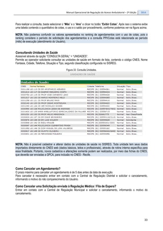 Manual Operacional de Regulação do Acesso Ambulatorial – 2ª Edição 2014
33
Para realizar a consulta, basta selecionar o “Mês” e o “Ano” e clicar no botão “Exibir Cotas”. Após isso o sistema exibe
uma tabela contendo o quantitativo de cotas, o uso e o saldo por procedimento, conforme podemos ver na figura acima.
NOTA: Não podemos confundir os valores apresentados no ranking de agendamentos com o uso de cotas, pois o
ranking considera o período de solicitação dos agendamentos e a consulta PPI/Cotas está relacionada ao período
(mês) de execução (atendimento do Usuário).
Consultando Unidades de Saúde
Acessível através da opção “CONSULTA GERAL” > “UNIDADES”.
Permite ao operador solicitante consultar as unidades de saúde em formato de lista, contendo o código CNES, Nome
Fantasia, Cidade, Telefone, Situação e Tipo, segundo classificação configurada no SISREG.
Figura 33. Consulta Unidades.
NOTA: Não é possível cadastrar e alterar dados de unidades de saúde no SISREG. Toda unidade tem seus dados
importados diretamente do CNES web (dados básicos, leitos e profissionais), através de rotina interna específica para
essa finalidade. Portanto, novos cadastros e alterações somente podem ser realizados, por meio das fichas do CNES,
que deverão ser enviadas a GPCA, para inclusão no CNES - Recife.
Como Cancelar um Agendamento?
O prazo máximo para cancelar um agendamento é de 5 dias antes da data de execução.
Para cancelar é necessário entrar em contato com a Central de Regulação Distrital e solicitar o cancelamento,
informando o motivo do não comparecimento do Usuário.
Como Cancelar uma Solicitação enviada à Regulação Médica / Fila de Espera?
Entrar em contato com a Central de Regulação Municipal e solicitar o cancelamento, informando o motivo do
cancelamento.
 