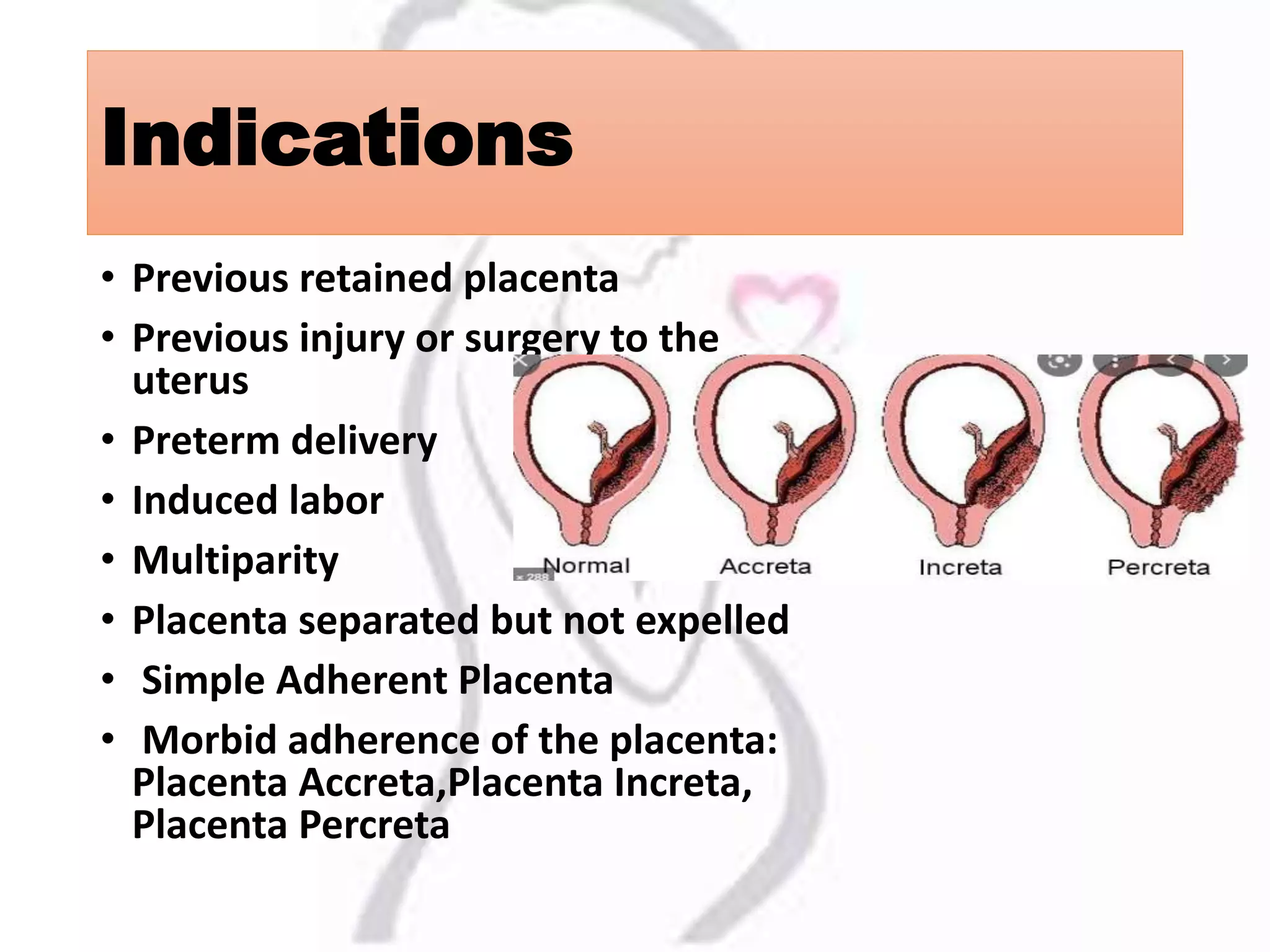 Indications
• Previous retained placenta
• Previous injury or surgery to the
uterus
• Preterm delivery
• Induced labor
• Multiparity
• Placenta separated but not expelled
• Simple Adherent Placenta
• Morbid adherence of the placenta:
Placenta Accreta,Placenta Increta,
Placenta Percreta
 