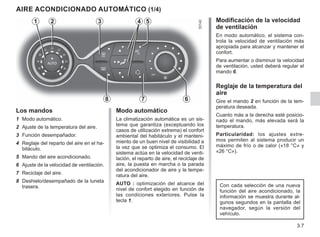 3.7
Modificación de la velocidad
de ventilación
En modo automático, el sistema con-
trola la velocidad de ventilación más
apropiada para alcanzar y mantener el
confort.
Para aumentar o disminuir la velocidad
de ventilación, usted deberá regular el
mando 6.
Reglaje de la temperatura del
aire
Gire el mando 2 en función de la tem-
peratura deseada.
Cuanto más a la derecha esté posicio-
nado el mando, más elevada será la
temperatura.
Particularidad: los ajustes extre-
mos permiten al sistema producir un
máximo de frío o de calor («18 °C» y
«26 °C»).
Los mandos
1	
Modo automático.
2	
Ajuste de la temperatura del aire.
3	
Función desempañador.
4	
Reglaje del reparto del aire en el ha-
bitáculo.
5	
Mando del aire acondicionado.
6	
Ajuste de la velocidad de ventilación.
7	
Reciclaje del aire.
8	
Deshielo/desempañado de la luneta
trasera.
AIRE ACONDICIONADO AUTOMÁTICO (1/4)
2 3 5
7
8 6
Modo automático
La climatización automática es un sis-
tema que garantiza (exceptuando los
casos de utilización extrema) el confort
ambiental del habitáculo y el manteni-
miento de un buen nivel de visibilidad a
la vez que se optimiza el consumo. El
sistema actúa en la velocidad de venti-
lación, el reparto de aire, el reciclaje de
aire, la puesta en marcha o la parada
del acondicionador de aire y la tempe-
ratura del aire.
AUTO : optimización del alcance del
nivel de confort elegido en función de
las condiciones exteriores. Pulse la
tecla 1.
1 4
Con cada selección de una nueva
función del aire acondicionado, la
información se muestra durante al-
gunos segundos en la pantalla del
navegador, según la versión del
vehículo.
 