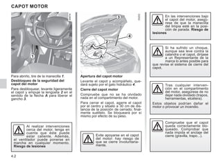 4.2
Para abrirlo, tire de la manecilla 1.
Desbloqueo de la seguridad del
capot del motor
Para desbloquear, levante ligeramente
el capot y empuje la lengüeta 2 en el
sentido de la flecha A para liberar el
gancho 3.
CapOT motor
Apertura del capot motor
Levante el capot y acompáñelo, que-
dará sujeto por el gato hidráulico 4.
Cierre del capot motor
Compruebe que no se ha olvidado
nada en el compartimiento del motor.
Para cerrar el capot, agarre el capot
por el centro y sitúelo a 30 cm de dis-
tancia de la posición de cerrado; final-
mente suéltelo. Se bloqueará por sí
mismo por efecto de su peso.
Al realizar intervenciones
cerca del motor, tenga en
cuenta que éste puede
estar caliente. Además,
el ventilador puede ponerse en
marcha en cualquier momento.
Riesgo de lesiones
Evite apoyarse en el capot
del motor: hay riesgo de
que se cierre involuntaria-
mente.
1
2
4
3
A
En las intervenciones bajo
el capot del motor, asegú-
rese de que la manecilla
del limpia esté en la posi-
ción de parada. Riesgo de
lesiones
Compruebe que el capot
queda correctamente blo-
queado. Comprobar que
nada impida el anclaje del
cierre (gravilla, trapo...).
Tras cualquier interven-
ción en el compartimento
del motor, asegúrese de no
dejar nada olvidado (trapos,
herramientas, etcétera).
Estos objetos podrían dañar el
motor o provocar un incendio.
Si ha sufrido un choque,
aunque sea leve contra la
calandra o el capot, diríjase
a un Representante de la
marca lo antes posible para
que revise el sistema de cierre del
capot.
 