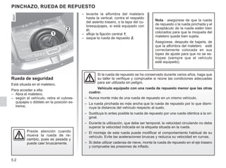 5.2
– levante la alfombra del maletero
hasta la vertical, contra el respaldo
del asiento trasero, o la tapa del cu-
breequipajes, si está equipado con
él;
– afloje la fijación central 1;
– saque la rueda de repuesto 2.
Rueda de seguridad
Está situada en el maletero.
Para acceder a ella:
– Abra el maletero;
– según el vehículo, retire el cubree-
quipajes o dóblelo en la posición ex-
trema;
PINCHAZO, rueda de repuesto
Nota : asegúrese de que la rueda
de repuesto o la rueda pinchada y el
receptáculo de la rueda estén bien
colocados para que la moqueta del
maletero quede bien sujeta.
Asegúrese, después de bajarla, de
que la alfombra del maletero esté
correctamente colocada en sus
topes de ajuste para que no se es-
tropee (siempre que el vehículo
esté equipado).
1
2
Si la rueda de repuesto se ha conservado durante varios años, haga que
su taller la verifique y compruebe si reúne las condiciones adecuadas
para ser utilizada sin peligro.
Vehículo equipado con una rueda de repuesto menor que las otras
cuatro:
– Nunca monte más de una rueda de repuesto en un mismo vehículo.
– La rueda pinchada es más ancha que la rueda de repuesto por lo que dismi-
nuye la distancia del vehículo respecto al suelo.
– Sustituya lo antes posible la rueda de repuesto por una rueda idéntica a la ori-
ginal.
– Durante la utilización, que debe ser temporal, la velocidad circulando no debe
superar la velocidad indicada en la etiqueta situada en la rueda.
– El montaje de esta rueda puede modificar el comportamiento habitual de su
vehículo. Evite las aceleraciones bruscas y reduzca su velocidad en curvas.
– Si debe utilizar cadenas de nieve, monte la rueda de repuesto en el eje trasero
y compruebe las presiones de inflado.
Preste atención cuando
mueva la rueda de re-
cambio, pues es pesada y
puede caer bruscamente.
 