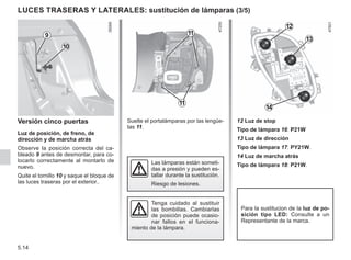 5.14
LUCES TRASERAS y laterales: sustitución de lámparas (3/5)
Versión cinco puertas
Luz de posición, de freno, de
dirección y de marcha atrás
Observe la posición correcta del ca-
bleado 9 antes de desmontar, para co-
locarlo correctamente al montarlo de
nuevo.
Quite el tornillo 10 y saque el bloque de
las luces traseras por el exterior..
10
Suelte el portalámparas por las lengüe-
tas 11.
Las lámparas están someti-
das a presión y pueden es-
tallar durante la sustitución.
Riesgo de lesiones.
9 11
11
12 Luz de stop
Tipo de lámpara 16: P21W
13 Luz de dirección
Tipo de lámpara 17: PY21W.
14 Luz de marcha atrás
Tipo de lámpara 18: P21W.
13
12
14
Tenga cuidado al sustituir
las bombillas. Cambiarlas
de posición puede ocasio-
nar fallos en el funciona-
miento de la lámpara.
Para la sustitucion de la luz de po-
sición tipo LED: Consulte a un
Representante de la marca.
 