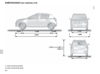 6.6
DIMENSIONES (en metros) (1/2)
0,835 2,589 0,659
4,083
1,496
1,998
1,475
1,518 (1) a 1,567 (1)
1,625 (2)
(1) vacío sin barras de techo
(2) vacío con barras de techo
 