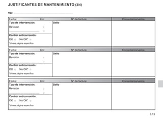 6.13
justificantes de mantenimiento (3/4)
VIN: ..................................................................................
Fecha:			 Km:			 N° de factura: Comentarios/varios
Tipo de intervención: Sello
Revisión			  □
.......................................... □
Control anticorrosión:
OK □ No OK* □
*Véase página específica
Fecha:			 Km:			 N° de factura: Comentarios/varios
Tipo de intervención: Sello
Revisión			  □
.......................................... □
Control anticorrosión:
OK □ No OK* □
*Véase página específica
Fecha:			 Km:			 N° de factura: Comentarios/varios
Tipo de intervención: Sello
Revisión			  □
.......................................... □
Control anticorrosión:
OK □ No OK* □
*Véase página específica
 