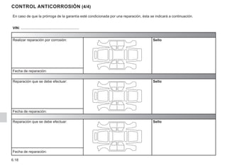 6.18
Control anticorrosión (4/4)
En caso de que la prórroga de la garantía esté condicionada por una reparación, ésta se indicará a continuación.
VIN: ..........................................................
Realizar reparación por corrosión: Sello
Fecha de reparación:
Reparación que se debe efectuar: Sello
Fecha de reparación:
Reparación que se debe efectuar: Sello
Fecha de reparación:
 