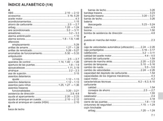 7.1
índice alfabético (1/4)
A
ABS........................................................................2.10 → 2.12
accesorios................................................................. 3.18, 5.29
aceite motor.
......................................................................... 4.3
acondicionamientos.
........................................................... 1.15
ahorro de carburante..................................................2.5 → 2.7
airbag.....................................................................1.20 → 1.24
aire acondicionado...................................................3.2 → 3.11
aireadores................................................................... 3.2 – 3.3
alarma antiintrusión............................................................ 1.10
alarma sonora.................................................... 1.8 – 1.9, 1.48
altavoces
emplazamiento............................................................. 5.28
anillas de amarre..................................................... 1.27 – 1.28
anillas de remolcado............................................... 5.26 – 5.27
anomalías de funcionamiento................................5.30 → 5.33
antipolución
consejos.
...............................................................2.5 → 2.7
aparatos de control.
.......................................1.14, 1.40 → 1.49
apertura de las puertas............................................... 1.8 – 1.9
apoyacabezas........................................................... 1.11, 3.19
arranque...................................................................... 2.2 – 2.3
asa de sujeción.................................................................. 3.15
asientos delanteros
ajuste................................................................. 1.12 – 1.13
asientos delanteros................................................. 1.12 – 1.13
asientos para niños.......................................1.25, 1.27 → 1.36
asientos traseros
funcionalidades.................................................. 3.20 – 3.21
asistencia de dirección.................................................. 2.9, 4.8
ayuda al aparcamiento...........................................2.20 → 2.23
ayuda al arranque en cuesta..................................2.10 → 2.12
ayuda al arranque en cuesta (HSA)................................... 2.10
B
baca de techo
barras de techo............................................................. 3.26
bandeja trasera.................................................................. 3.23
banqueta trasera..................................................... 3.20 – 3.21
barras de techo.................................................................. 3.26
batería
descargada........................................................ 5.23 – 5.24
batería.................................................................................. 4.9
bocina................................................................................. 1.50
bomba de asistencia de dirección........................................ 4.8
P
puesta en marcha del motor.
................................................ 2.3
C
caja de velocidades automática (utilización)..........2.24 → 2.26
caja portaobjetos..................................................... 3.16 – 3.17
calefacción...............................................................3.2 → 3.11
calidad del aceite motor.............................................. 4.4 – 4.5
calidad del carburante........................................................ 1.54
cámara de marcha atrás........................................2.20 → 2.23
cambio de lámparas...............................................5.10 → 5.16
cambio de rueda.
......................................................... 5.5 – 5.6
cambio de velocidades...........................................2.24 → 2.26
capacidad del depósito de carburante............................... 1.54
capacidades de los órganos mecánicos.............................. 4.3
capot motor.......................................................................... 4.2
características técnicas...................................... 6.2 – 6.3, 6.10
carburante
calidad.......................................................................... 1.54
consejos de ahorro...............................................2.5 → 2.7
llenado.......................................................................... 1.55
catalizador............................................................................ 2.4
ceniceros............................................................................ 3.18
cierre de las puertas.................................................... 1.8 – 1.9
cinturones de seguridad.........................................1.15 → 1.24
cojín hinchable
airbag................................................................1.20 → 1.24
 