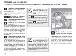 1.42
Testigos luminosos (3/3)
Los testigos de nivel
mínimo de combustible fun-
cionan de manera indepen-
diente.
La luz del pequeño depósito adicio-
nal  se enciende cuando el
nivel de este es bajo. Este testigo
no tiene ninguna relación con el in-
dicador L, que únicamente se
refiere al depósito principal.
La presencia del indicador
del pequeño depósito adi-
cional depende de la ver-
sión de su vehículo. Si no
se encuentra equipado con este
dispositivo, será necesario proce-
der a una verificación visual perió-
dicamente del nivel de combustible
en ese depósito.
La presencia y el funcionamiento de los testigos DEPENDEN DEL EQUIPAMIENTO DEL VEHÍCULO Y DEL PAÍS.
 Testigo de control dinámico
de conducción (ESC) y sis-
tema antipatinado
Hay varios casos de encendido del tes-
tigo: ➥ 2.10.
Ï¦Testigos del regulador
de velocidad ➥ 2.16
Ð Testigo del limitador de velo-
cidad ➥ 2.13
L Testigo de alerta de mínimo
carburante
Se enciende al activar el contacto y se
apaga tras algunos segundos. Si se en-
ciende en circulación acompañado de
una señal sonora, haga un repostaje
en cuanto pueda. La autonomía res-
tante es de aproximadamente 50 km a
partir de la primera vez que la luz se
encienda.
 Testigo de alerta del nivel
mínimo de combustible en el
depósito secundario Flex
Se enciende al poner el contacto y se
apaga pasados algunos segundos. Si
se enciende con el vehículo en movi-
miento, llene lo más rápido posible el
depósito secundario Flex, situado en el
compartimento del motor.
Se recomienda rellenar el depósito se-
cundario con gasolina aditivada y con
el motor apagado.
B
Consola B
ç Testigo de alerta del cintu-
rón del conductor desabro-
chado
Se enciende en la consola B al arran-
car el motor si el cinturón no está abro-
chado y el vehículo alcanza una velo-
cidad de 20 km/h aproximadamente,
permanece encendido y se escucha
una señal durante unos dos minutos
A
 