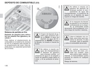 1.56
Al realizar intervencio-
nes cerca del motor, pro-
ceda con cuidado, pues
este podría estar caliente.
Además, el motoventilador podría
ponerse en marcha en cualquier
momento.
Riesgo de lesiones.
Sistema de partida en frío
Depósito de gasolina para vehícu-
los con sistema Flex (gasolina y al-
cohol) 3
Para realizar el abastecimiento de
combustible en el sistema de arranque
en frío 3, el depósito está ubicado en
el compartimiento del motor. Este de-
pósito tiene una capacidad aproximada
de 0,75 litros.
DEPÓSITO DE COMBUSTIBLE (3/3)
3 3
El tapón del depósito de ga-
solina para arranque auxi-
liar es ROJO. El tapón del
depósito de agua del lim-
piaparabrisas es NEGRO. Al hacer
el llenado, no invierta ni mezcle los
fluidos.
No rellene ni mezcle con
agua del limpiaparabrisas
el depósito de gasolina
para arranque auxiliar. La
presencia de agua en el comparti-
mento de gasolina puede dañar el
motor, y no se producirá el arran-
que.
No rellene ni mezcle con
gasolina del depósito de
arranque auxiliar el com-
partimento de agua del
limpiaparabrisas. La presencia de
gasolina en el depósito de agua
supone un riesgo de incendio.
Si la manguera de llenado
de gasolina no se introduce
correctamente en la boqui-
lla, el combustible puede
derramarse. Esto es peligroso, e im-
plica riesgo de incendio o lesiones.
Llene el depósito con cui-
dado, para evitar que la ga-
solina se derrame. Si esto
ocurriese, tape el depósito
y retire el combustible derramado.
 