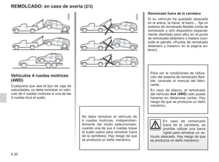 5.30
REMOLCADO: en caso de avería (2/3)
Vehículos 4 ruedas motrices
(4WD)
Cualquiera que sea el tipo de caja de
velocidades, no debe remolcar un vehí-
culo de 4 ruedas motrices si una de las
4 ruedas toca el suelo.
Remolcado fuera de la carretera
Si su vehículo ha quedado atascado
en la arena, la nieve, el barro,... fije un
sistema de remolcado flexible (cinta de
remolcado u otro dispositivo especial-
mente diseñado para ello) en el punto
de remolcado delantero o trasero (con-
sulte el párrafo «Puntos de remolcado
delantero y trasero» en la página an-
terior).
En caso de remolcado
fuera de la carretera, se
prohíbe utilizar una barra
rígida para remolcar un ve-
hículo atascado. Hay riesgo de que
se produzca un daño mecánico.
No debe remolcar el vehículo de
4 ruedas motrices, independien-
temente del modo seleccionado,
cuando una de sus 4 ruedas toque
el suelo (salvo para remolcar fuera
de la carretera). Hay riesgo de que
se produzca un daño mecánico.
Para ver la condiciones de utiliza-
ción del sistema de remolcado flexi-
ble, consulte el manual del fabri-
cante.
En caso de atasco, el remolcado
del vehículo 4x4 (4WD) sólo puede
hacerse en distancias cortas. Hay
riesgo de que se produzca un daño
mecánico.
 