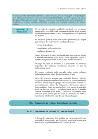 12. Tratamento de Resíduos Sólidos Urbanos 
As receitas diretas dificilmente cobrirão o custeio de uma usina de reciclagem e compostagem, 
nem esta deve ser encarada como um empreendimento industrial lucrativo segundo um ponto 
de vista estritamente comercial. Todavia, o quadro se mostra altamente favorável quando se 
ponderam as receitas indiretas, ambientais e sociais com potencial expressivo de retorno 
político. 
130 
MERCADO DE 
RECICLÁVEIS 
O mercado de materiais recicláveis no Brasil vem crescendo 
rapidamente, com índices de recuperação significativos, embora 
também esteja crescendo o nível de exigência sobre a qualidade 
do material. 
As indústrias que trabalham com matéria-prima reciclada exigem 
para compra dos materiais três condições básicas: 
• escala de produção; 
• regularidade no fornecimento; 
• qualidade do material. 
Assim, a obtenção de materiais classificados corretamente, limpos 
e conseqüentemente com maior valor agregado facilita a 
comercialização dos materiais recicláveis obtidos nas usinas. 
O preço de venda de materiais e o escoamento da produção 
dependem das indústrias recicladoras presentes na área de 
influência da usina. 
Os preços praticados pelo mercado variam muito, sofrendo 
influência direta do preço da matéria-prima virgem. 
Além de procurar sempre por materiais limpos, algumas 
cooperativas desenvolvem trabalho visando ao beneficiamento de 
materiais recicláveis para agregar valor ao produto e permitir sua 
comercialização direta às industrias, eliminando agentes 
intermediários. Essas tarefas envolvem, pelo menos, a separação 
entre os diversos tipos e o enfardamento de papéis e papelão, 
latas de alumínio e plástico duro. Também é fundamental haver 
um local para acumulação de todos os materiais, de modo a 
racionalizar o frete até o local de sua industrialização. 
12.3. Tratamento de resíduos domiciliares especiais 
12.3.1. Tratamento de resíduos da construção civil 
A forma de tratamento dos resíduos da construção civil mais 
difundida é a segregação (ou "limpeza"), seguida de trituração e 
reutilização na própria indústria da construção civil. 
 