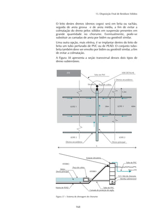 13. Disposição Final de Resíduos Sólidos 
O leito destes drenos (drenos cegos) será em brita ou rachão, 
seguida de areia grossa e de areia média, a fim de evitar a 
colmatação do dreno pelos sólidos em suspensão presentes em 
grande quantidade no chorume. Eventualmente, pode-se 
substituir as camadas de areia por bidim ou geotêxtil similar. 
Uma outra opção, mais efetiva, é se implantar dentro do leito de 
brita um tubo perfurado de PVC ou de PEAD. O conjunto tubo-brita 
também deve ser envolto por bidim ou geotêxtil similar, a fim 
de evitar a colmatação. 
A Figura 38 apresenta a seção transversal desses dois tipos de 
dreno subterrâneo. 
Figura 37 – Sistema de drenagem de chorume 
168 
 
