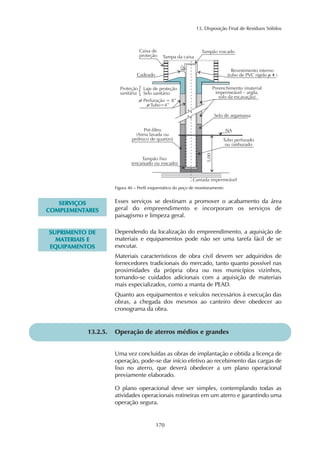 13. Disposição Final de Resíduos Sólidos 
Figura 40 – Perfil esquemático do poço de monitoramento 
170 
SERVIÇOS 
COMPLEMENTARES 
Esses serviços se destinam a promover o acabamento da área 
geral do empreendimento e incorporam os serviços de 
paisagismo e limpeza geral. 
SUPRIMENTO DE 
MATERIAIS E 
EQUIPAMENTOS 
Dependendo da localização do empreendimento, a aquisição de 
materiais e equipamentos pode não ser uma tarefa fácil de se 
executar. 
Materiais característicos de obra civil devem ser adquiridos de 
fornecedores tradicionais do mercado, tanto quanto possível nas 
proximidades da própria obra ou nos municípios vizinhos, 
tomando-se cuidados adicionais com a aquisição de materiais 
mais especializados, como a manta de PEAD. 
Quanto aos equipamentos e veículos necessários à execução das 
obras, a chegada dos mesmos ao canteiro deve obedecer ao 
cronograma da obra. 
13.2.5. Operação de aterros médios e grandes 
Uma vez concluídas as obras de implantação e obtida a licença de 
operação, pode-se dar início efetivo ao recebimento das cargas de 
lixo no aterro, que deverá obedecer a um plano operacional 
previamente elaborado. 
O plano operacional deve ser simples, contemplando todas as 
atividades operacionais rotineiras em um aterro e garantindo uma 
operação segura. 
 