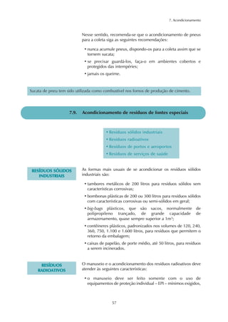 7. Acondicionamento 
Nesse sentido, recomenda-se que o acondicionamento de pneus 
para a coleta siga as seguintes recomendações: 
• nunca acumule pneus, dispondo-os para a coleta assim que se 
tornem sucata; 
• se precisar guardá-los, faça-o em ambientes cobertos e 
protegidos das intempéries; 
• jamais os queime. 
Sucata de pneu tem sido utilizada como combustível nos fornos de produção de cimento. 
7.9. Acondicionamento de resíduos de fontes especiais 
• Resíduos sólidos industriais 
• Resíduos radioativos 
• Resíduos de portos e aeroportos 
• Resíduos de serviços de saúde 
57 
RESÍDUOS SÓLIDOS 
INDUSTRIAIS 
As formas mais usuais de se acondicionar os resíduos sólidos 
industriais são: 
• tambores metálicos de 200 litros para resíduos sólidos sem 
características corrosivas; 
• bombonas plásticas de 200 ou 300 litros para resíduos sólidos 
com características corrosivas ou semi-sólidos em geral; 
• big-bags plásticos, que são sacos, normalmente de 
polipropileno trançado, de grande capacidade de 
armazenamento, quase sempre superior a 1m3; 
• contêineres plásticos, padronizados nos volumes de 120, 240, 
360, 750, 1.100 e 1.600 litros, para resíduos que permitem o 
retorno da embalagem; 
• caixas de papelão, de porte médio, até 50 litros, para resíduos 
a serem incinerados. 
RESÍDUOS 
RADIOATIVOS 
O manuseio e o acondicionamento dos resíduos radioativos deve 
atender às seguintes características: 
• o manuseio deve ser feito somente com o uso de 
equipamentos de proteção individual – EPI – mínimos exigidos, 
 