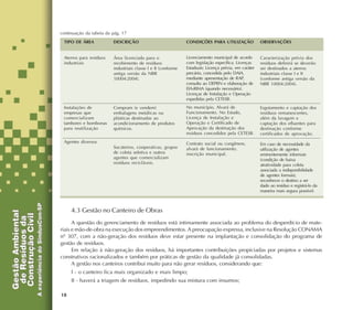 18
4.3 Gestão no Canteiro de Obras
A questão do gerenciamento de resíduos está intimamente associada ao problema do desperdício de mate-
riais e mão-de-obra na execução dos empreendimentos. A preocupação expressa, inclusive na Resolução CONAMA
nº 307, com a não-geração dos resíduos deve estar presente na implantação e consolidação do programa de
gestão de resíduos.
Em relação à não-geração dos resíduos, há importantes contribuições propiciadas por projetos e sistemas
construtivos racionalizados e também por práticas de gestão da qualidade já consolidadas.
A gestão nos canteiros contribui muito para não gerar resíduos, considerando que:
I - o canteiro fica mais organizado e mais limpo;
II - haverá a triagem de resíduos, impedindo sua mistura com insumos;
Área licenciada para o
recebimento de resíduos
industriais classe I e II (conforme
antiga versão da NBR
10004:2004).
Compram (e vendem)
embalagens metálicas ou
plásticas destinadas ao
acondicionamento de produtos
químicos.
Sucateiros, cooperativas, grupos
de coleta seletiva e outros
agentes que comercializam
resíduos recicláveis.
Licenciamento municipal de acordo
com legislação específica. Licenças
Estaduais: Licença prévia, em caráter
precário, concedida pelo DAIA,
mediante apresentação de RAP,
consulta ao DEPRN e elaboração de
EIA-RIMA (quando necessário).
Licenças de Instalação e Operação
expedidas pela CETESB.
No município, Alvará de
Funcionamento. No Estado,
Licença de Instalação e
Operação e Certificado de
Aprovação da destinação dos
resíduos concedidos pela CETESB.
Contrato social ou congênere,
alvará de funcionamento,
inscrição municipal.
Caracterização prévia dos
resíduos definirá se deverão
ser destinados a aterros
industriais classe I e II
(conforme antiga versão da
NBR 10004:2004).
Esgotamento e captação dos
resíduos remanescentes,
além da lavagem e
captação dos efluentes para
destinação conforme
certificados de aprovação.
Em caso de necessidade da
utilização de agentes
eminentemente informais
(condição de baixa
atratividade para coleta
associada a indisponibilidade
de agentes formais),
reconhecer o destino a ser
dado ao resíduo e registrá-lo da
maneira mais segura possível.
Aterros para resíduos
industriais
Instalações de
empresas que
comercializam
tambores e bombonas
para reutilização
Agentes diversos
CONDIÇÕES PARA UTILIZAÇÃODESCRIÇÃOTIPO DE ÁREA OBSERVAÇÕES
continuação da tabela da pág. 17
 