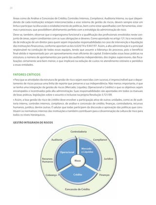 24

Áreas como de Análise e Concessão de Crédito, Controles Internos, Compliance, Auditoria Interna, ou que (dependendo de cada instituição) estejam interconectadas a esse sistema de gestão de riscos, devem sempre estar em
linha e participar na discussão e estabelecimento de políticas, bem como estar aparelhadas com ferramentas, sistemas e processos, que possibilitem alinhamento perfeito com a estratégia da administração de risco.
Deve-se, também, observar que o organograma funcional e a qualificação dos profissionais envolvidos neste conjunto de áreas, sejam condizentes com as suas obrigações e deveres. Como apontado no artigo 12º, há a necessidade de indicação de um diretor para quem sejam imputadas responsabilidades no caso de intervenção e liquidação
das instituições financeiras, conforme apontam as leis 6.024/74 e 9.447/97. Assim, a alta administração é a principal
responsável na condução de todas essas equipes, tendo que assumir a liderança do processo, pois o benefício
final obtido é representado por um aproveitamento mais eficiente do capital. Evidenciadas essas boas práticas na
estrutura, o número de apontamentos por parte das auditorias independentes, dos órgãos supervisores, das fiscalizações certamente será bem menor, o que implicará na redução de custos no atendimento rotineiro e periódico
a essas entidades.

FATORES CRÍTICOS
• Para que as atividades da estrutura de gestão de risco sejam exercidas com sucesso, é imprescindível que o departamento de riscos possua uma linha de reporte que preserve a sua independência. Não menos importante, é que
se tenha uma integração da gestão de riscos (Mercado, Liquidez, Operacional e Crédito) e que os objetivos sejam
encampados e incentivados pela alta administração. Suas responsabilidades são apontadas em todos os manuais
de boas práticas, legislações sobre o assunto e inclusive na própria Resolução 3.721/09.
• Assim, a boa gestão do risco de crédito deve envolver a participação ativa de outras unidades, como as de auditoria interna, controles internos, compliance, de análise e concessão de crédito, finanças, controladoria, recursos
humanos, jurídico, dentre outras. É salutar que todas participem da discussão e aprovação das políticas que constituem os normativos internos das instituições e também contribuam para a disseminação da cultura de risco para
todos os níveis hierárquicos.
GESTÃO INTEGRADA DE RISCOS

 