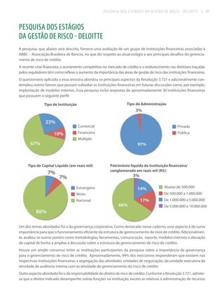 PESQUISA DOS ESTÁGIOS DA GESTÃO DE RISCO - DELOITTE

| 41

PESQUISA DOS ESTÁGIOS
DA GESTÃO DE RISCO - DELOITTE
A pesquisa, que abaixo será descrita, fornece uma avaliação de um grupo de instituições financeiras associadas à
ABBC – Associação Brasileira de Bancos, no que diz respeito ao atual estágio e aos principais desafios do gerenciamento de risco de crédito.
A recente crise financeira, o acirramento competitivo no mercado de crédito e o endurecimento nas diretrizes traçadas
pelos reguladores têm como reflexo o aumento da importância das áreas de gestão de risco das instituições financeiras.
O questionário aplicado a essa amostra abordou os principais aspectos da Resolução 3.721 e adicionalmente contemplou outros fatores que possam subsidiar as instituições financeiras em futuras discussões como, por exemplo,
implantação de modelos internos. Essa pesquisa inclui respostas de aproximadamente 30 instituições financeiras
que possuem o seguinte perfil:
Tipo de Administração

Tipo de Instituição

Comercial

Privada

Financeira

Pública

Múltiplo

Tipo de Capital Líquido (em reais mil)

Patrimônio líquido da Instituição financeira/
conglomerado em reais mil (R$):

Estrangeiro

Abaixo de 500.000

Misto

De 500.000 a 1.000.000

Nacional

De 1.000.000 a 5.000.000
De 5.000.000 a 10.000.000

Um dos temas abordados foi o da governança corporativa. Como destacado nesse caderno, esse aspecto é de suma
importância para que o funcionamento eficiente da estrutura de gerenciamento de risco de crédito. Adicionalmente, avaliou-se outros pontos como metodologias, ferramentas, comunicação, reporte, modelos internos e alocação
de capital de forma a ampliar a discussão sobre a estrutura de gerenciamento de risco de crédito.
Houve um amplo consenso entre as instituições participantes da pesquisa sobre a importância da governança
para o gerenciamento de risco de crédito. Aproximadamente, 94% dos executivos responderam que existem nas
respectivas instituições financeiras a segregação das atividades unidades de negociação, da unidade executora da
atividade de auditoria interna com as atividade de gerenciamento do risco de crédito
Outro aspecto abordado foi o da responsabilidade do diretor de risco de crédito. Conforme a Resolução 3.721, admitese que o diretor indicado desempenhe outras funções na instituição, exceto as relativas à administração de recursos

 