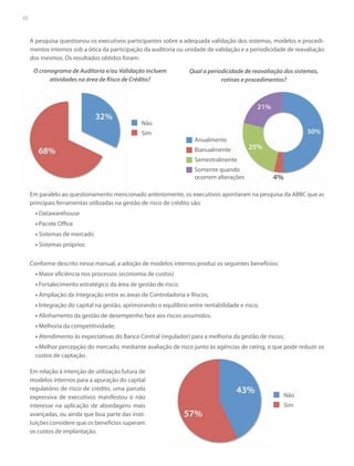 48

A pesquisa questionou os executivos participantes sobre a adequada validação dos sistemas, modelos e procedimentos internos sob a ótica da participação da auditoria ou unidade de validação e a periodicidade de reavaliação
dos mesmos. Os resultados obtidos foram:
O cronograma de Auditoria e/ou Validação incluem
atividades na área de Risco de Crédito?

Qual a periodicidade de reavaliação dos sistemas,
rotinas e procedimentos?

Não
Sim
Anualmente
Bianualmente
Semestralmente
Somente quando
ocorrem alterações
Em paralelo ao questionamento mencionado anteriomente, os executivos apontaram na pesquisa da ABBC que as
principais ferramentas utilizadas na gestão de risco de crédito são:
• Datawarehouse
• Pacote Office
• Sistemas de mercado
• Sistemas próprios
Conforme descrito nesse manual, a adoção de modelos internos produz os seguintes benefícios:
• Maior eficiência nos processos (economia de custos)
• Fortalecimento estratégico da área de gestão de risco;
• Ampliação da integração entre as áreas de Controladoria e Riscos;
• Integração do capital na gestão, aprimorando o equilíbrio entre rentabilidade e risco;
• Alinhamento da gestão de desempenho face aos riscos assumidos.
• Melhoria da competitividade;
• Atendimento às expectativas do Banco Central (regulador) para a melhoria da gestão de riscos;
• Melhor percepção do mercado, mediante avaliação de risco junto às agências de rating, o que pode reduzir os
custos de captação.
Em relação à intenção de utilização futura de
modelos internos para a apuração do capital
regulatório de risco de crédito, uma parcela
expressiva de executivos manifestou o não
interesse na aplicação de abordagens mais
avançadas, ou ainda que boa parte das instituições considere que os benefícios superam
os custos de implantação.

Não
Sim

 