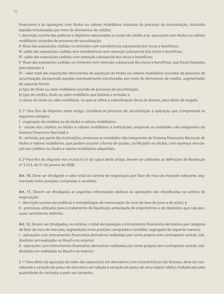 88

financeiros e às operações com títulos ou valores mobiliários oriundos de processo de securitização, incluindo
aquelas estruturadas por meio de derivativos de crédito:
I -descrição sucinta das políticas e objetivos relacionados à cessão de crédito e às operações com títulos ou valores
mobiliários oriundos de processo de securitização;
II -fluxo das exposições cedidas no trimestre com transferência substancial dos riscos e benefícios;
III -saldo das exposições cedidas sem transferência nem retenção substancial dos riscos e benefícios;
IV -saldo das exposições cedidas com retenção substancial dos riscos e benefícios;
V -fluxo das exposições cedidas no trimestre com retenção substancial dos riscos e benefícios, que foram baixadas
para prejuízo; e
VI - valor total das exposições decorrentes da aquisição de títulos ou valores mobiliários oriundos de processo de
securitização, destacando aquelas eventualmente estruturadas por meio de derivativos de crédito, segmentadas
da seguinte forma:
a) tipo de título ou valor mobiliário oriundo de processo de securitização;
b) tipo de crédito, título ou valor mobiliário que lastreia a emissão; e
c) classe do título ou valor mobiliário, no que se refere à subordinação dessa às demais, para efeito de resgate.
§ 1º Para fins do disposto neste artigo, considera-se processo de securitização a operação que compreenda os
seguintes estágios:
I - originação de créditos ou de títulos e valores mobiliários;
II - cessão dos créditos ou títulos e valores mobiliários a instituições, empresas ou entidades não integrantes do
Sistema Financeiro Nacional; e
III - emissão, por parte das instituições, empresas ou entidades não integrantes do Sistema Financeiro Nacional, de
títulos e valores mobiliários, que podem assumir a forma de quotas, certificados ou títulos, com expressa vinculação aos créditos ou títulos e valores mobiliários adquiridos.
§ 2º Para fins do disposto nos incisos II a V do caput deste artigo, devem ser utilizadas as definições da Resolução
nº 3.533, de 31 de janeiro de 2008.
Art. 10. Deve ser divulgado o valor total da carteira de negociação por fator de risco de mercado relevante, segmentado entre posições compradas e vendidas.
Art. 11. Devem ser divulgadas as seguintes informações relativas às operações não classificadas na carteira de
negociação:
I - descrição sucinta das políticas e metodologias de mensuração do risco de taxa de juros e de ações; e
II - premissas utilizadas para o tratamento de liquidação antecipada de empréstimos e de depósitos que não possuam vencimento definido.
Art. 12. Devem ser divulgados, no mínimo, o total da exposição a instrumentos financeiros derivativos por categoria
de fator de risco de mercado, segmentado entre posições compradas e vendidas, segregado da seguinte maneira:
I - operações com instrumentos financeiros derivativos realizadas por conta própria com contraparte central, subdivididas em realizadas no Brasil e no exterior;
II - operações com instrumentos financeiros derivativos realizadas por conta própria sem contraparte central, subdivididas em realizadas no Brasil e no exterior;
§ 1º Para efeito da apuração do valor das exposições em derivativos com características não lineares, deve ser considerada a variação do preço do derivativo em relação à variação do preço do ativo objeto (delta) multiplicada pela
quantidade de contratos e pelo seu tamanho.

 