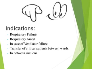 ⦁ Respiratory Failure
⦁ Respiratory Arrest
⦁ In case of Ventilator failure
⦁ Transfer of critical patients between wards.
⦁ In between suctions
 
