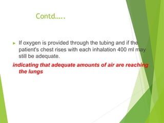 Contd…..
▶ If oxygen is provided through the tubing and if the
patient's chest rises with each inhalation 400 ml may
still be adequate.
indicating that adequate amounts of air are reaching
the lungs
 