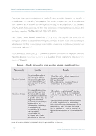 MANUAL DE REVISÃO BIBLIOGRÁFICA SISTEMÁTICA INTEGRATIVA
Suporte ao Trabalho de Conclusão de Curso (TCC)
16
Essa etapa serve como referência para a construção de uma revisão integrativa por subsidiar o
raciocínio teórico e incluir definições aprendidas de antemão pelos pesquisadores. A etapa inicia-se
com a definição de um problema e a formulação de uma pergunta de pesquisa (MENDES; SILVEIRA;
GALVÃO, 2008). Cada passo seguinte deve estar relacionado com a pergunta de pesquisa que deve
ser clara e específica (SILVEIRA; GALVÃO, 2005; URSI, 2005).
Para Cordeiro, Oliveira, Rentería e Guimarães (2007, p. 429), “uma pergunta bem estruturada é o
começo de uma boa revisão sistemática” integrativa, em razão de definir “quais serão as estratégias
adotadas para identificar os estudos que serão incluídos e quais serão os dados que necessitam ser
coletados de cada estudo”.
Nobre, Bernardo e Jatene (2003, p.447) dividem as questões clínicas em dois subgrupos principais:
“Questões básicas (background questions) e as questões clínicas propriamente ditas (foreground
questions)” (Figura 8).
Tipo de questão
Questões básicas
Questões clínicas
Uma questão ampla, de
conhecimento básico,
comumente respondida
em livros didáticos. Pode
começar com “o quê” ou
“quando”.
Uma questão específica,
que quando respondida
fornece evidências para
tomada de decisão clínica.
A questão clínica inclui os
seguintes elementos:
a) população/paciente (P);
b) intervenção ou
problema de interesse (I);
c) intervenção de
comparação ou problema
de interesse (C);
d) resultados (O);
e) quando apropriado,
acrescenta-se o tempo.
1) Qual é o melhor método para prevenir
úlcera de pressão?
2) O que é sepsia?
3) Quando ocorre o pico dos efeitos de
concentração da furosemida?
1) Em adultos hospitalizados (P), como a
troca de hora em hora (I), comparada com
nenhuma troca (C), afeta as taxas de queda
(O)?
2) Em pacientes ventilados mecânicamente
(P), como um protocolo de desmame (I),
em comparação com nenhum protocolo de
desmame (C), afeta o número de dias de
uso da ventilação (O) durante o tempo de
permanência no Centro de Unidade Intensiva
(T)?
Descrição Exemplos
Quadro 4 – Quadro comparativo entre questões básicas e questões clínicas
Fonte: STILLWELL, FINEOUT-OVERHOLT, MELNYK, WILLIAMSON, 2010b, p.59.
 