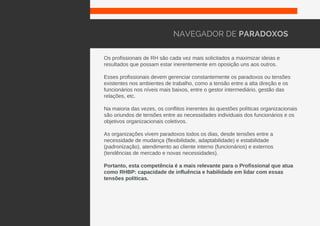 Os profissionais de RH são cada vez mais solicitados a maximizar ideias e
resultados que possam estar inerentemente em oposição uns aos outros.
Esses profissionais devem gerenciar constantemente os paradoxos ou tensões
existentes nos ambientes de trabalho, como a tensão entre a alta direção e os
funcionários nos níveis mais baixos, entre o gestor intermediário, gestão das
relações, etc.
Na maioria das vezes, os conflitos inerentes às questões políticas organizacionais
são oriundos de tensões entre as necessidades individuais dos funcionários e os
objetivos organizacionais coletivos.
As organizações vivem paradoxos todos os dias, desde tensões entre a
necessidade de mudança (flexibilidade, adaptabilidade) e estabilidade
(padronização), atendimento ao cliente interno (funcionários) e externos
(tendências de mercado e novas necessidades).
Portanto, esta competência é a mais relevante para o Profissional que atua
como RHBP: capacidade de influência e habilidade em lidar com essas
tensões políticas.
NAVEGADOR DE PARADOXOS
 