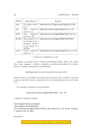 20 CAP´ITULO 2. TEXTO
Modelo Especiﬁcaci´on Ejemplo
gray Un n´umero entre
0 y 1
definecolor{light-gray}{gray}{0.95}
rgb Tres n´umeros
entre 0 y 1
definecolor{orange}{rgb}{1,0.5,0}
RGB Tres n´umeros
entre 0 y 255
definecolor{orange}{RGB}{255,127,0}
HTML Seis n´umeros en
el sistema hexa-
decimal, similar
a los usados en
HTML
definecolor{orange}{HTML}{FF7F00}
cmyk cuatro n´umeros
entre 0 y 1
definecolor{orange}{cmyk}{0,0.5,1,0}
Cuadro 2.1: Modelos de color.
Aunque se pueden usar lo colores predeﬁnidos (white, black, red, green,
blue, cyan, magenta o yellow), tambi´en es posible personalizar los colores.
Esto se consigue colocando en el pre´ambulo:
definecolor{nombre}{modelo}{especiﬁcaci´on}
donde nombre es el nombre que asignaremos al nuevo color; modelo es la forma
en que se describe el color y especiﬁcaci´on es la descripci´on del color (ver Cuad.
2.1).
Por ejemplo, poniendo en el pre´ambulo:
definecolor{miorange}{RGB}{234, 112, 2}
y usando el siguiente c´odigo:
setlength{fboxrule}{4pt}
setlength{fboxsep}{2pt}
fcolorbox{miorange}{yellow}{Una caja amarilla con borde naranja
y separaci´on de 2pt}
obtenemos:
Una caja amarilla con borde naranja y separaci´on de 2pt
 