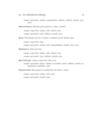 6.2. EL PROGRAMA BIBTEX 81
campos opcionales author, organisation, address, edition, month, year,
note.
@masterthesis Entrada para proyecto, tesina o master.
campos requeridos author, title, school, year.
campos opcionales type, address, month, note.
@misc Documento que no se ajusta a ninguno de los dem´as tipos.
campos requeridos none.
campos opcionales author, title, howpublished, month, year, note.
@phdthesis Tesis doctoral.
campos requeridos author, title, school, year.
campos opcionales type, address, month, note.
@proceedings campos requeridos title, year.
campos opcionales editor, volume or number, series, address, month, or-
ganization, publisher, note.
@unpublished Documento no publicado con t´ıtulo y autor.
campos requeridos author, title, note.
campos opcionales month, year.
 
