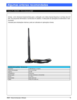 Algumas antenas recomendadas

 Antena TL-AN2405C – Omni direcional 5dBi




RM2071 - Manual de Operação e Utilização    15
 