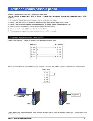 Testando rádios passo a passo
Sugerimos a seguinte seqüência para testar e configurar uma rede de rádios.
OBS: PROGRAMAR OS RÁDIOS PELA RS232 E TESTAR A COMUNICAÇÃO PELA RS485. DESTA FORMA, AMBAS AS PORTAS SERÃO
TESTADAS.
1 – Os módulos XBP24 são programados em fábrica para 9600 bps sem paridade e um stop bit.
2 – Executar o teste serial com ECO em bancada que será descrito a seguir. Afaste os rádios de pelo menos 2 metros.
3 – Executar o teste de comunicação entre os equipamentos definitivos, em bancada, exemplo: software supervisório e clp.
4 – Instalar os rádios no campo e testar os enlaces utilizando o software de teste de enlaces.
5 – Executar novamente o teste de ECO, agora utilizando antenas à distância.
6 – Por fim, testar a comunicação entre os equipamentos definitivos como foi feito em bancada.




   Conectando equipamentos para o teste de ECO
Conecte o rádio SERVIDOR à COM1 do PC utilizando o cabo de programação descrito abaixo.


                                           Rádio – RJ12                                      PC - DB9 fêmea

                                              2 - RXD                                            2 - RXD
                                              3 - TXD                                            3 - TXD
                                              5 - GND                                            5 - GND
                                              4 - RTS                                            7 - RTS
                                              6 - CTS                                            8 - CTS




Prepare um conector RJ12 com os pinos 2 (RXD) e 3 (TXD) interligados e encaixe no rádio CLIENTE. O objetivo é retransmitir todos os bytes recebidos.

                                                                    Rádio – RJ12

                                                                       2 - RXD
                                                                       3 - TXD
                                                                       5 - GND
                                                                       4 - RTS
                                                                       6 - CTS




                                                                                                                           RJ12 TX-RX
                                   COM1




                                      Rádio 1                                                                  Rádio 2




Ligue os rádios às suas fontes de alimentação, instale as antenas de teste e afaste os mesmo de pelo menos 2 metros, pois o excesso de sinal causa
falhas de comunicação.


RM2071 - Manual de Operação e Utilização                                                                                                         8
 
