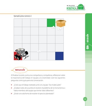 Ejemplo pista número 2
Al finalizar la sesión, junto a tus compañeros y compañeras, reflexionen sobre
la importancia del trabajo en equipo y la creatividad. Usen las siguientes
preguntas como guía para esta conversación.
◻◻ ¿Crees que el trabajo realizado junto a tu equipo fue el adecuado?
◻◻ ¿Estaban todos de acuerdo en resolver el problema de la misma forma o
había miembros del equipo que tenían ideas diferentes?
◻◻ ¿Existe una sola forma de resolver el ejercicio planteado?
REFLEXION
8
Sesion
51
 