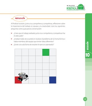Al finalizar la sesión, junto a tus compañeros y compañeras, reflexionen sobre
la importancia del trabajo en equipo y la creatividad. Usen las siguientes
preguntas como guía para la conversación:
◻◻ ¿Crees que el trabajo realizado junto a tus compañeros y compañeras fue
el adecuado?
◻◻ ¿Estaban todos de acuerdo en resolver el problema de la misma forma o
había miembros del equipo que tenían ideas diferentes?
◻◻ ¿Existe una sola forma de resolver el ejercicio planteado?
REFLEXION
10
Sesion
57
 