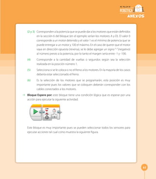 63
anexos
(2 y 3) Correspondenalapotenciaquesepuededaralosmotoresqueestándefinidos
en la sección 6 del bloque (en el ejemplo serían los motores A y D). El valor 0
corresponde a un motor detenido y el valor 1 es el mínimo de potencia que se
puede entregar a un motor y 100 el máximo. En el caso de querer que el motor
vaya en dirección opuesta (reversa), se le debe agregar un signo “-” (negativo)
al número previo a la potencia, por lo tanto el margen sería entre -1 y -100.
(4) Corresponde a la cantidad de vueltas o segundos según sea la selección
realizada en la posición número 1.
(5) Selecciona si se le coloca o no el freno a los motores. En la mayoría de los casos
debería estar seleccionado el freno.
(6) Es la selección de los motores que se programarán, esta posición es muy
importante pues los valores que se coloquen deberán corresponder con los
cables conectados a los motores.
⇢ Bloque Espere por: este bloque tiene una condición lógica que es esperar por una
acción para ejecutar la siguiente actividad.
Este bloque es muy importante pues se pueden seleccionar todos los sensores para
ejecutar acciones tal cual como muestra la siguiente figura.
 