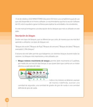 120 
El set de robótica LEGO MINDSTORMS Education EV3 tiene una completísima guía de uso 
que está disponible en el mismo software. Le recomendamos que lea la sección Software 
de EV3, esto le ayudará a ganar confianza para explicar las actividades a los estudiantes. 
En este manual entregamos una descripción de los bloques que más se utilizarán en este 
taller. 
Descripción de bloques 
Existen seis tipos de bloques, que se diferencian por color, de manera que sea más fácil 
aprender a utilizarlos. Los tipos de bloques son: 
“Bloques de acción”, “Bloques de flujo”, “Bloques de sensores”, “Bloques de datos”, “Bloques 
avanzados” y “Mis bloques”. 
El alcance de este taller permite que trabajemos con distintos bloques durante todas las 
sesiones. Los bloques más importantes y más utilizados son: 
⇢⇢ Bloque motores movimiento de tanque: permite darle movimiento al Cuadribot, 
por medio de una tracción tipo tanque, lo que quiere decir que cuenta con un motor 
eléctrico a cada lado del robot. 
1 2 3 4 5 Indica si los motores se detienen, avanzan 
de manera indefinida, avanzan una 
cantidad de segundos, una cantidad de grados de giro de rueda o una cantidad 
definida de giros de rueda. 
 