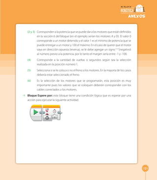 121 
ANEXOS 
(2 y 3) Corresponden a la potencia que se puede dar a los motores que están definidos 
en la sección 6 del bloque (en el ejemplo serían los motores A y D). El valor 0 
corresponde a un motor detenido y el valor 1 es el mínimo de potencia que se 
puede entregar a un motor y 100 el máximo. En el caso de querer que el motor 
vaya en dirección opuesta (reversa), se le debe agregar un signo “-” (negativo) 
al número previo a la potencia, por lo tanto el margen sería entre -1 y -100. 
(4) Corresponde a la cantidad de vueltas o segundos según sea la selección 
realizada en la posición número 1. 
(5) Selecciona si se le coloca o no el freno a los motores. En la mayoría de los casos 
debería estar seleccionado el freno. 
(6) Es la selección de los motores que se programarán, esta posición es muy 
importante pues los valores que se coloquen deberán corresponder con los 
cables conectados a los motores. 
⇢⇢ Bloque Espere por: este bloque tiene una condición lógica que es esperar por una 
acción para ejecutar la siguiente actividad. 
 