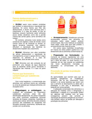 14
Fatores desfavoráveis para a
reprodução de bactérias
Acidez: assim como existem condições
que facilitam a sobrevivência e reprodução das
bactérias, há outros fatores que lhes são
desfavoráveis, e atuam como barreiras para o
crescimento: é o caso da acidez, já que as
bactérias crescem facilmente sobre alimentos
pouco ácidos (alcalinos) como são a grande
maioria das carnes (peixe, carne vermelha e do
frango).
Ao contrário, alimentos muito ácidos como
conservas de vegetais a base de tomate, sucos
cítricos como os de maracujá ou laranja, ou
alguns temperos industriais (não caseiro),
dificultam a reprodução das bactérias ou
diretamente impedem seu crescimento.
Açúcar: Alimentos com altos conteúdos
de açúcar desfavorecem a reprodução de
microrganismos, já que o açúcar diminui a água
disponível no alimento. É o caso de
marmeladas, doce de leite entre outros.
Sal: Alimentos com alto conteúdo de sal
promovem uma redução da água disponível
para as bactérias sendo pouco favoráveis à
reprodução das mesmas. É o caso do peixe
salgado.
Fatores que favorecem a
contaminação por substâncias
químicas
Com muita freqüência, a contaminação dos
alimentos com químicos ocorre por confusões
ou erros do pessoal que manipula alimentos, em
situações como:
Etiquetagem e embalagem: Ao
mudarem de embalagem ou fracionarem
substâncias químicas, estas não são
identificadas devidamente. Ao utilizar recipientes
que antes continham substâncias químicas
(produtos de limpeza, alvejantes, inseticidas ou
outros),para colocar alimentos.Quando produtos
químicos são embalados em recipientes mal
fechados causando vazamentos, facilitando seu
contato com os alimentos.
Armazenamento: Substâncias químicas
armazenadas próximo aos alimentos ou
colocadas sobre estes, podem produzir
contaminação. São muito habituais os acidentes
nesta etapa, razão pela qual está proibido o
armazenamento dos mesmos juntos.
Em outros casos inseticidas envasilhados
em frascos de vidros podem quebrar-se e cair
diretamente sob os alimentos contaminando-os.
Preparação ou formulação: No
momento de misturar ingredientes em uma
preparação, pode acontecer uma confusão entre
sal e nitrito de sódio, ou entre farinha e um
inseticida em pó, isso quando as substâncias
não foram devidamente marcadas ou
etiquetadas ou armazenadas em locais
diferentes.
Prevenção de perdas na produção
dos alimentos
As oportunidades que ocorrem para que as
bactérias patogênicas se multipliquem,
favorecem não só seu crescimento, como
também o de outras bactérias que fazem com
que o alimento se decomponha ou altere até a
putrefação, e com isso, é descartado, não
podendo ser comercializado.
A adequada conservação dos alimentos e a
aplicação de medidas como a refrigeração, a
acidificação, o salgado ou o açucarado, podem
ser algumas das medidas com as quais
conseguimos prevenir não somente a
reprodução de bactérias patogênicas ao homem,
mas também reduzir as perdas por alteração e
putrefação dos alimentos.
Contribuição da administração higiênica dos alimentos para a saúde da família e da população
 