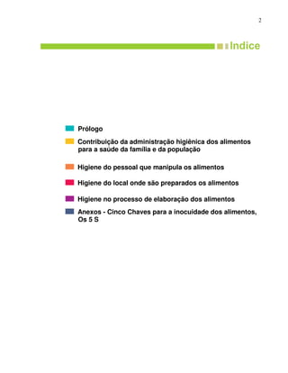 2
Prólogo
Contribuição da administração higiênica dos alimentos
para a saúde da família e da população
Higiene do pessoal que manipula os alimentos
Higiene do local onde são preparados os alimentos
Higiene no processo de elaboração dos alimentos
Anexos - Cinco Chaves para a inocuidade dos alimentos,
Os 5 S
 