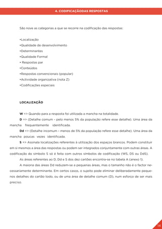 14
4. CODIFICAÇÃODAS RESPOSTAS
	 São nove as categorias a que se recorre na codificação das respostas:
	 •Localização
	 •Qualidade de desenvolvimento
	 •Determinantes
	 •Qualidade Formal
	 • Respostas par
	 •Conteúdos
	 •Respostas convencionais (popular)
	 •Actividade organizativa (nota Z)
	 •Codificações especiais
	LOCALIZAÇÃO
	W => Quando para a resposta foi utilizada a mancha na totalidade.
	D => (Detalhe comum - pelo menos 5% da população refere esse detalhe). Uma área da
mancha frequentemente identificada.
	Dd => (Detalhe incomum - menos de 5% da população refere esse detalhe). Uma área da
mancha poucas vezes identificada.
	S => Assinala localizações referentes à utilização dos espaços brancos. Podem constituir
em si mesmos a área das respostas ou podem ser integrados conjuntamente com outras áreas. A
codificação do símbolo S só é feita com outros símbolos de codificação (WS, DS ou DdS).
	 As áreas referentes ao D, Dd e S dos dez cartões encontra-se no tabela A (anexo 1).
	 A maioria das áreas Dd reduzem-se a pequenas áreas, mas o tamanho não é o factor ne-
cessariamente determinante. Em certos casos, o sujeito pode eliminar deliberadamente peque-
nos detalhes do cartão todo, ou de uma área de detalhe comum (D), num esforço de ser mais
preciso.
 