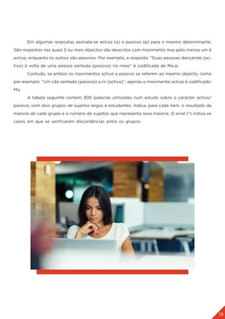 19
4. CODIFICAÇÃODAS RESPOSTAS
	 Em algumas respostas assinala-se activo (a) e passivo (p) para o mesmo determinante.
São respostas nas quais 2 ou mais objectos são descritos com movimento mas pelo menos um é
activo, enquanto os outros são passivos. Por exemplo, a resposta: “Duas pessoas dançando (ac-
tivo) à volta de uma pessoa sentada (passivo) no meio” é codificada de Ma-p.
	 Contudo, se ambos os movimentos activo e passivo se referem ao mesmo objecto, como
por exemplo: “Um cão sentado (passivo) a rir (activo)”, apenas o movimento activo é codificado:
Ma.
	 A tabela seguinte contem 300 palavras utilizadas num estudo sobre o carácter activo/
passivo, com dois grupos de sujeitos leigos e estudantes. Indica, para cada item, o resultado da
maioria de cada grupo e o número de sujeitos que representa essa maioria. O sinal (*) indica os
casos em que se verificaram discordâncias entre os grupos.
 