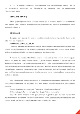 25
	 FC´=> A resposta baseia-se, principalmente, nas características formais. As co-
res acromáticas participam na formulação da resposta, mas secundariamente.
“Um morcego preto”
	 NOMEAÇÃO COR (Cn)
	Cn => (Nomeação da cor). É utilizado sempre que as cores da mancha são identificadas
pelo nome e com a intenção de serem consideradas como uma resposta (por exemplo: “isto é
vermelho e preto”).
	 SOMBREADO
	 O aspecto claro-escuro dos cartões constitui um determinante importante. Divide-se em
três tipos de respostas:
	 Sombreado- Textura (FT, TF, T)
	 O símbolo textura é utilizado para codificar respostas nas quais as características de som-
breado são empregues para criar uma impressão táctil, como mole, duro, brando, suave, áspero,
sedoso, granuloso, peludo, frio, quente, pegajoso, gordurento, etc.
	 A maioria das pessoas não utiliza a palavra sombreado. É mais comum ser empregue a
palavra cor, como “Na forma como a cor está...”, ou “A diferença de cores...”. Noutras situações,
a pessoa pode indicar “É a forma como as linhas estão..”, que pode parecer contorno mas, na
realidade, refere-se aos diferentes níveis de saturação. Algumas pessoas, especialmente as crian-
ças, esfregam o dedo no cartão de forma a indicar a impressão táctil, e este gesto é suficiente
para codificar textura desde que ocorra simultaneamente com a verbalização de características
tácteis do objecto.
	T => Utilizado em respostas nas quais os componentes sombreados da mancha são tra-
duzidos para representar um fenómeno táctil, sem ter em consideração os aspectos formais da
mancha.
	 “Parece pegajoso, se o tocarmos. Parece uma miscelânea gordurosa”
	 “Pelo, muito pelo. Parece-me tudo cheio de pelo” (toca na mancha)
	 Respostas como madeira, carne, gelo, esponja, lã, gordura, pelo ou seda, representam
alguns exemplos que podem ser codificados como T, se for comprovada participação do som-
breado e que foi utilizado como textura e não foi integrada forma.
 