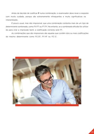 30
	 Antes da decisão de codificar F numa combinação, o examinador deve rever a resposta
com muito cuidado, porque são extremamente infrequentes e muito significativas na
interpretação.
	 É pouco usual, mas não impossível, que uma combinação contenha mais de um tipo de
determinante sombreado, como FV.FT ou FT.FY. No entanto, se o sombreado difusão for utiliza-
do para criar a impressão táctil, a codificação correcta será FT.
	 As combinações que são impossíveis são aquelas que contêm dois ou mais codificações
do mesmo determinante como FC.CF, FY.YF ou FC’.C’.
 