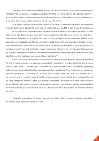 32
	 O símbolo adequado da qualidade formal coloca-se no final da codificação do(s) determi-
nante(s). Por exemplo, as respostas cujo determinante é a forma podem-se codificar assim: F+,
Fo, Fu ou F-. Quando existe mais do que um determinante a qualidade formal atribuída continua
a ser uma por resposta (por exemplo: FC.FD- ou FMª.FC’+).
	 O processo para decidir o símbolo a utilizar inicia-se no exame da tabela A, incluída neste
manual. Esta tabela apresenta uma lista de respostas, por cartão e por áreas de localização.
	 Se o examinador deparar-se com uma resposta que não está incluída na tabela A, poderá
seguir uma das duas vias: por exemplo, “um giroscópio” pode não estar na lista de uma deter-
minada área, mas nela pode figurar “um pião”. Como são objectos muito similares, será razoável
assinalar no giroscópio a codificação que tem o pião. Pelo contrário, quando o objecto mencio-
nado mantém uma similitude muito remota com os elementos da tabela A, deve renunciar-se a
qualquer tentativa de extrapolação e rever cuidadosa e fielmente os critérios que distinguem as
respostas u das respostas menos. Se o examinador pode ver a resposta rápida e facilmente, deve
codificá-la u. Em qualquer outro caso, deve codifica-la“-”.
	 Haverá respostas que contêm vários objectos, sem que todos tenham a mesma qualidade
formal. A regra a seguir será assinalar a qualidade “mais baixa” a toda a resposta. Isto é, entre
um o (vulgar) e um “-”, codifica-se “-” ou entre um o e um u codifica-se u. No entanto, esta regra
aplica-se apenas aos objectos das respostas que são importantes. Por exemplo, uma resposta ao
cartão II poderia ser “Dois ursos (D1) subindo a um coração (D3)”. Na tabela A, a área D1 utiliza-
da como urso é o (vulgar), mas a área D3 como coração é menos. Portanto, a qualidade formal
de toda a resposta é menos, dado que ambos os objectos são importantes nela. Pelo contrário,
se um objecto não muito importante no contexto geral da resposta tem na lista uma qualidade
formal mais baixa que a dos outros objectos, deve-se assinalar a qualidade formal mais elevada
possível.
	 * Só podemos atribuir “o” a uma resposta, quando o objecto mencionado vem assinalado
na tabela com essa Qualidade Formal.
 