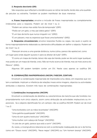 43
	 2. Resposta desviante (DR)
	 São respostas que reflectem a tendência para se retirar da tarefa, tendo elas uma qualida-
de peculiar ou estranha. Também se podem manifestar de duas maneiras:
	a. Frases inapropriadas: envolve a inclusão de frases inapropriadas ou completamente
irrelevantes para a resposta. Podem ser de nível 1 ou 2.
	 “Podem ser ostras mas estão fora da temporada” (DR1)
	 “Podia ser um gato, o meu pai odeia gatos” (DR1)
	 “É um tipo de bicho que nunca ninguém viu” (DR2)
	 “É um pássaro, mas eu esperava que fosse uma borboleta” (DR2)
	 b. Respostas circunstanciais: envolve respostas fluídas ou vagas, nas quais o sujeito se
torna inapropriadamente elaborado ou demonstra dificuldades em definir o objecto. Podem ser
de nível 1 ou 2:
	 “Parecem árvores a uma grande distância, numa colina, parece tão apetecível, como
um lugar para onde alguém quisera ir para se afastar de tudo” (DR1).
	 “É como um mapa da Irlanda, talvez não seja da Irlanda, pode ser de outro lugar qualquer,
mas podia ser um mapa da Irlanda, creio. Não sei muito acerca da Irlanda, mas sei mais acerca do
México” (DR2).
	 Algumas DR podem também conter um DV. Neste caso apenas se codifica DR.
	 B. COMBINAÇÕES INAPROPRIADAS (INCOM, FABCOM, CONTAM)
	 Envolvem a condensação inapropriada de impressões e/ou ideias, em respostas que vio-
lam a realidade. Implicam a inferência de relações irreais entre imagens, objectos ou actividades
atribuídas a objectos. Existem três tipos de combinações inapropriadas:
	 1. Combinações incongruentes (INCOM)
	 Envolvem a condensação de detalhes ou características da mancha que são fundidos ina-
propriadamente num único objecto, assim como atribuição de actividades implausíveis ou im-
possíveis. Se o objecto identificado for um cartoon, não se codifica INCOM. Podem ser de nível
1 ou 2:
	 “Uma borboleta com as mãos levantadas” (INCOM1)
	 “Uma galinha quadrúpede” (INCOM1)
	 “Uma rã com quatro testículos” (INCOM2)
	 “Uma mulher com cabeça de frango” (INCOM2)
	 “A cara de um gato, parece que está a sorrir” (INCOM1)
	 Às vezes, a incongruência relaciona-se com a combinação inadequada da cor e da forma,
como em “Ossos roxos” (INCOM1), “Neve negra” (INCOM1) ou “Um homem laranja” (INCOM1).
 