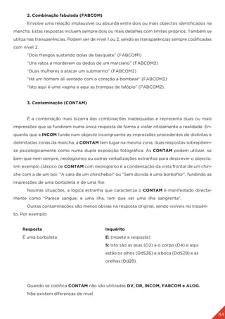 44
	 2. Combinação fabulada (FABCOM)
	 Envolve uma relação implausível ou absurda entre dois ou mais objectos identificados na
mancha. Estas respostas incluem sempre dois ou mais detalhes com limites próprios. Também se
utiliza nas transparências. Podem ser de nível 1 ou 2, sendo as transparências sempre codificadas
com nível 2.
	 “Dois frangos sustendo bolas de basquete” (FABCOM1)
	 “Uns ratos a morderem os dedos de um marciano” (FABCOM2)
	 “Duas mulheres a atacar um submarino” (FABCOM2)
	 “Há um homem ali sentado com o coração a bombear” (FABCOM2)
	 “Isto aqui é uma vagina e aqui as trompas de falópio” (FABCOM2).
	
	 3. Contaminação (CONTAM)
	 É a combinação mais bizarra das combinações inadequadas e representa duas ou mais
impressões que se fundiram numa única resposta de forma a violar nitidamente a realidade. En-
quanto que a INCOM funde num objecto incongruente as impressões procedentes de distintas e
delimitadas zonas da mancha, a CONTAM tem lugar na mesma zona: duas respostas sobrepõem-
se psicologicamente como numa dupla exposição fotográfica. As CONTAM podem utilizar, se
bem que nem sempre, neologismos ou outras verbalizações estranhas para descrever o objecto.
Um exemplo clássico de CONTAM com neologismo é a condensação da vista frontal de um chin-
che com a de um boi: “A cara de um chincheboi” ou “Sem dúvida é uma borboflor”, fundindo as
impressões de uma borboleta e de uma flor.
	 Noutras situações, a lógica estranha que caracteriza o CONTAM é manifestado directa-
mente como “Parece sangue, e uma ilha, tem que ser uma ilha sangrenta”.
	 Outras contaminações são menos obvias na resposta original, sendo visíveis no Inquéri-
to. Por exemplo:
	 Quando se codifica CONTAM não são utilizadas DV, DR, INCOM, FABCOM e ALOG.
	 Não existem diferenças de nível.
Resposta
É uma borboleta
Inquérito
E: (repete a resposta)
S: Isto são as asas (D2) e o corpo (D4) e aqui
estão os olhos (DdS26) e a boca (DdS29) e as
orelhas (Dd28).
 