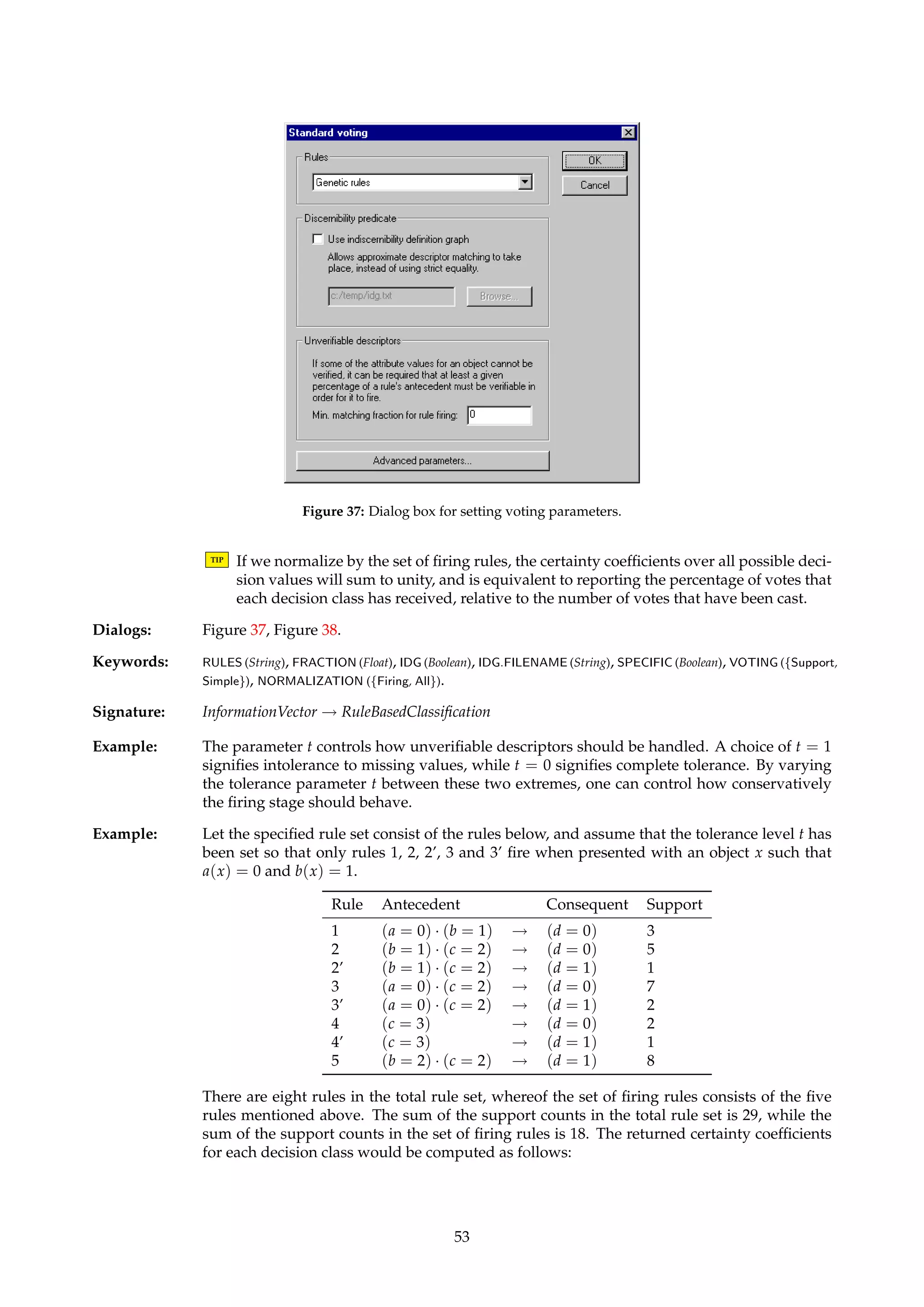 Figure 36: Dialog box for selecting an input structure. 
Name Option Description 
Voting Support Cast a number of votes equal to the 
number of objects in the training set 
that match both  and (d = v). 
Simple Cast one vote. 
Normalization Firing Divide the number of votes by the sum 
of all casted votes. 
All Divide the number of votes by the sum 
of all votes for all rules. 
Table 4: Options for specifying how many votes a firing rule  ! (d = v) gets to cast in favour of decision value v, and 
how the tallied votes are to be normalized. 
Description: Algorithms in this family classify a single object in a decision table according to some clas-sification 
strategy, and are typically used as components of batch classifiers as described in 
Section 4.8. 
Classifier algorithms take as input an object’s information vector, and return (unless other-wise 
stated) a list of possible decision classes ranked according to some measure of certainty. 
14.1 Standard voting 
Name: StandardVoter 
Description: Implements voting as described by Øhrn [26, pages 66-68], using a specified rule set. 
In the firing step, a rule fires if its antecedent is not in conflict with the presented object, and 
if the percentage of verifiable terms in the antecedent is above a certain threshold t. IDGs can 
be used in the matching stage to allow for approximate matching of descriptors. 
In some cases, and especially if the rules are generated as a result of dynamic reduct com-putation 
across subtables of varying sizes, it may happen that some rules are generalizations 
of other rules. If two or more of the rules in the rule set form a generalization hierarchy, the 
algorithm has an option to only let the most specific rule fire, i.e., exclude the generalizations 
from the set of firing rules. 
TIP If a firing rule indicates more than one possible decision value, we may imagine this 
rule to be logically expanded to several rules, each with the same antecedent but with a 
single descriptor only as a consequent. 
In the election process among the firing rules, each rule gets to cast a certain number of votes 
in favour of the decision value it indicates, according to a selected voting strategy. The cer-tainty 
coefficient for each possible decision value is computed by dividing the total number 
of casted votes for each decision value by a normalization factor. The voting strategies and 
normalization options currently implemented are shown in Table 4. 
52 
 