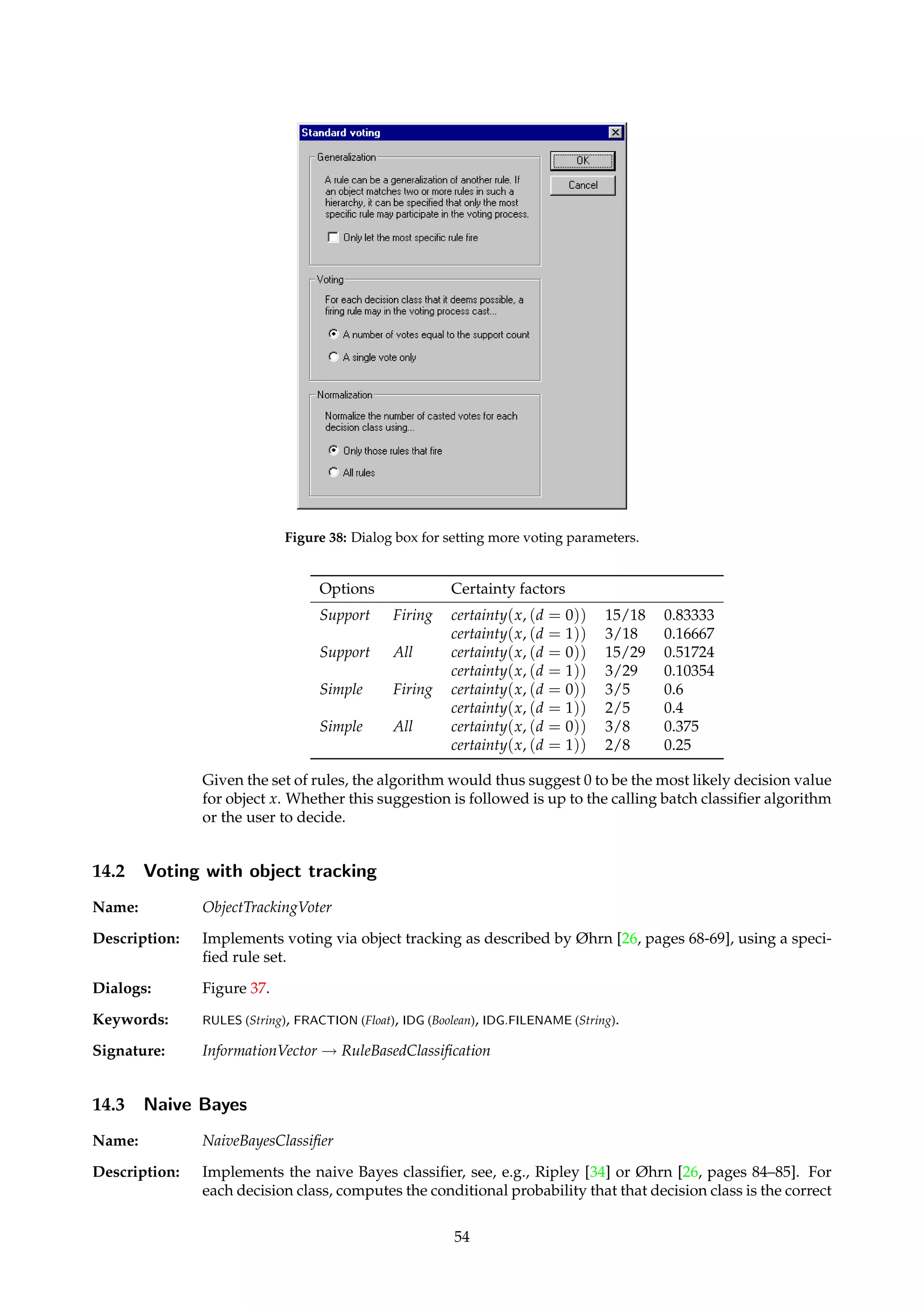 Figure 37: Dialog box for setting voting parameters. 
TIP If we normalize by the set of firing rules, the certainty coefficients over all possible deci-sion 
values will sum to unity, and is equivalent to reporting the percentage of votes that 
each decision class has received, relative to the number of votes that have been cast. 
Dialogs: Figure 37, Figure 38. 
Keywords: RULES (String), FRACTION (Float), IDG (Boolean), IDG.FILENAME(String), SPECIFIC (Boolean), VOTING ({Support, 
Simple}), NORMALIZATION ({Firing, All}). 
Signature: InformationVector ! RuleBasedClassification 
Example: The parameter t controls how unverifiable descriptors should be handled. A choice of t = 1 
signifies intolerance to missing values, while t = 0 signifies complete tolerance. By varying 
the tolerance parameter t between these two extremes, one can control how conservatively 
the firing stage should behave. 
Example: Let the specified rule set consist of the rules below, and assume that the tolerance level t has 
been set so that only rules 1, 2, 2’, 3 and 3’ fire when presented with an object x such that 
a(x) = 0 and b(x) = 1. 
Rule Antecedent Consequent Support 
1 (a = 0) · (b = 1) ! (d = 0) 3 
2 (b = 1) · (c = 2) ! (d = 0) 5 
2’ (b = 1) · (c = 2) ! (d = 1) 1 
3 (a = 0) · (c = 2) ! (d = 0) 7 
3’ (a = 0) · (c = 2) ! (d = 1) 2 
4 (c = 3) ! (d = 0) 2 
4’ (c = 3) ! (d = 1) 1 
5 (b = 2) · (c = 2) ! (d = 1) 8 
There are eight rules in the total rule set, whereof the set of firing rules consists of the five 
rules mentioned above. The sum of the support counts in the total rule set is 29, while the 
sum of the support counts in the set of firing rules is 18. The returned certainty coefficients 
for each decision class would be computed as follows: 
53 
 