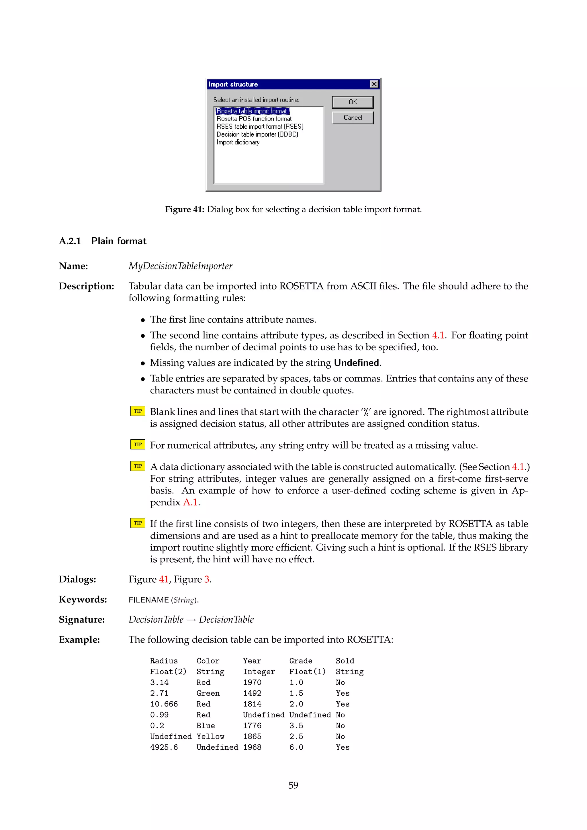 0.name = Radius 
0.unit = cm 
0.type = Float 
0.decimals = 2 
1.name = Color 
1.unit = Undefined 
1.type = String 
1.map.2 = Blue 
1.map.1 = Green 
1.map.0 = Red 
1.map.3 = Yellow 
2.name = Year 
2.unit = Undefined 
2.type = Integer 
3.name = Grade 
3.unit = Undefined 
3.type = Float 
3.decimals = 1 
4.name = Sold 
4.unit = Undefined 
4.type = String 
4.map.0 = No 
4.map.1 = Yes 
If we edit our dictionary entry for attribute 1 as shown below, we do not alter the colors of 
the objects, i.e., their internal coding remain the same even after the dictionary is imported. 
Rather, the fragment below simply redefines the names of the colors, and not the assignment 
of colors to objects. 
1.name = Color 
1.unit = Undefined 
1.type = String 
1.map.2 = Green 
1.map.1 = Blue 
1.map.0 = Yellow 
1.map.3 = Red 
If we want to enforce a particular coding scheme, this can be achieved by importing the 
coded table with integer entries, and specifying that the attribute is of string type.9 When the 
explicitly coded decision table is imported, the constructed data dictionary can be exported, 
edited to define “ordinary” color names, and then imported back into the system. 
A.2 Decision Tables 
Name: DecisionTableImporter 
Description: Algorithms in this family fill a decision table with the contents specified in a file in alien 
format. 
Dialogs: Figure 41, Figure 3. 
9When dictionaries are automatically constructed during import of tables, string attributes try to assign strings their “natural” en-coding, 
if possible. For example, the string “3” would be mapped to the number 3, if possible. Otherwise, strings are assigned integers 
on a first-come first-serve basis. 
58 
 
